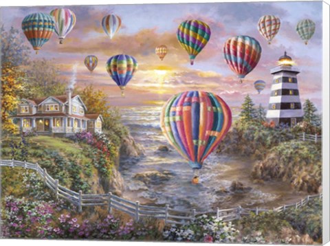 Framed Balloons Over Cottage Cove Print