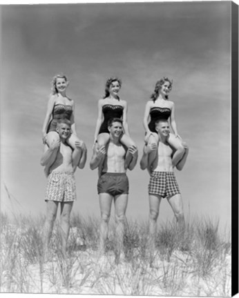 Framed 1950s 1960s Three Couples At Beach Print