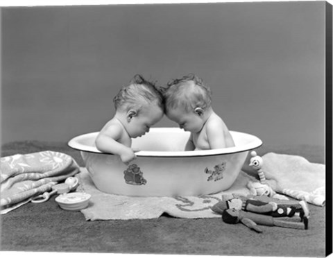 Framed 1930s Twin Babies In Bath Tub Print