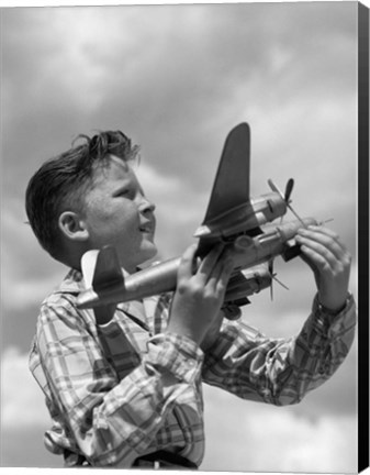 Framed 1930s 1940s 1950s  Freckle-Faced Boy Holding Airplane Print