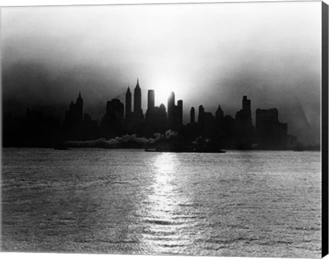 Framed 1930s 1940s Morning Misty Sunrise Silhouette Print