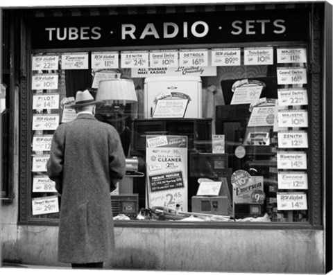 Framed 1940s Man Looking At Window Display Of Radios Print