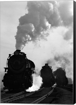 Framed 1930s 1940s Head-On View Of Three Steam Engines Print