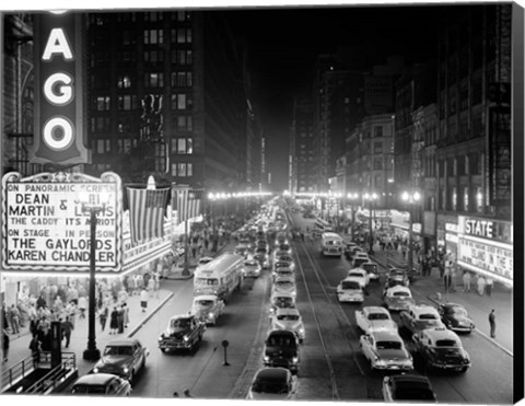 Framed 1950s 1953 Night Scene Of Chicago State Street Print