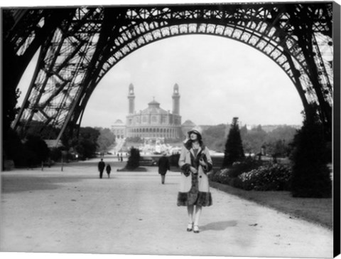 Framed 1920s Woman Walking Under The Eiffel Tower Print