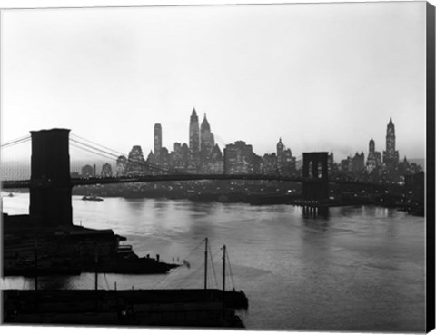 Framed 1950s Twilight Skyline Manhattan Brooklyn Bridge? Print