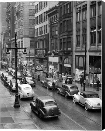 Framed 1940s Rainy Day On Chestnut Street Philadelphia Print