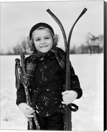 Framed 1930s Little Girl Standing Holding Skis Print
