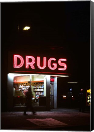 Framed 1980s Drug Store At Night Pink Neon Sign Print