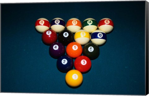 Framed Billiard Balls Racked Up On Pool Table Print