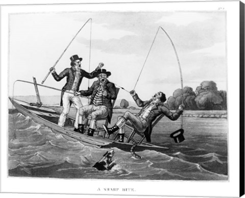 Framed 1800s Three 19Th Century Men In Boat Fishing Print