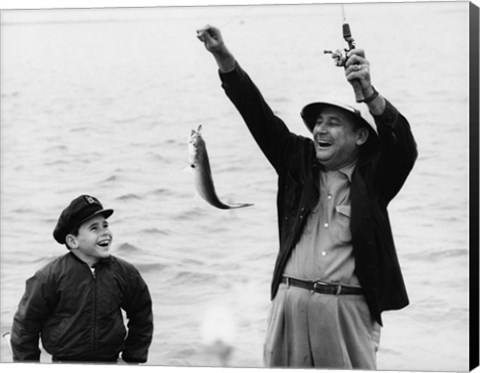 Framed 1950s 1960s Boy Fishing With Father Or Grandfather Print