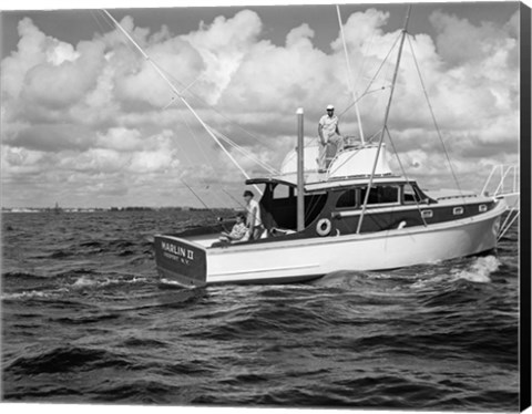 Framed 1950s 3 Men Trolling Off Of Fishing Boat Print