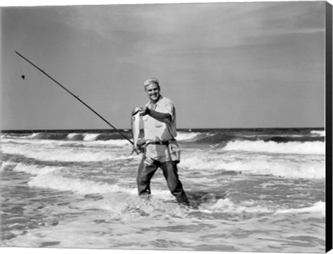 Framed 1950s Older Man Standing In Surf Print