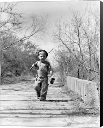 Framed 1940s Boy Walking Down Country Road Print