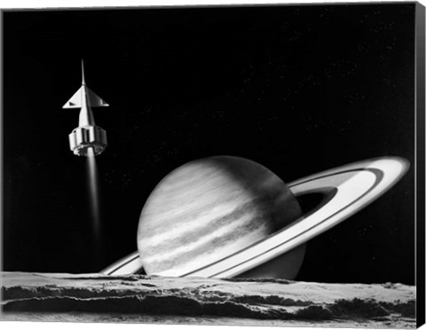 Framed 1960s Space Rocket Flying Past Saturn Print