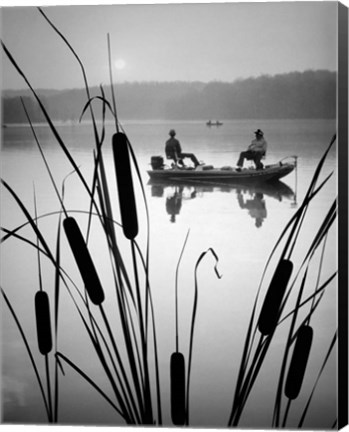 Framed 1980s Two Men Silhouetted Bass Fishing Print