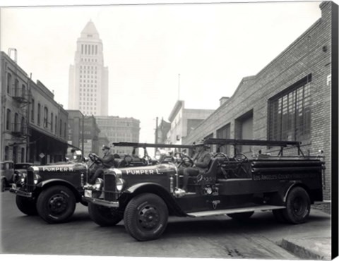 Framed 1920s 1930s Two Fire Trucks Print