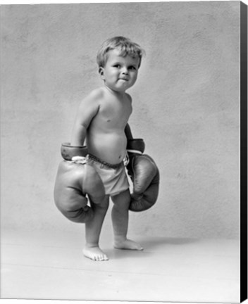 Framed 1930s Baby Boy Toddler Wearing  Boxing Gloves Print