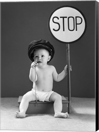 Framed 1940s Baby Boy Holding Stop Sign Print