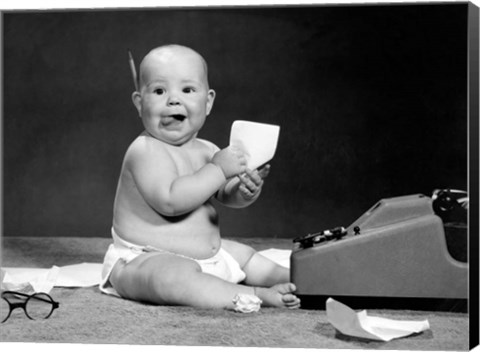 Framed 1960s Eager Baby Accountant Working At Adding Machine Print