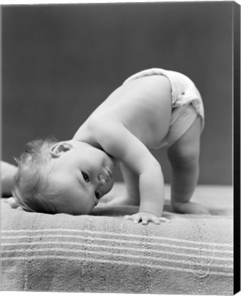 Framed 1940s Baby Bending Down With Head On Blanket Print