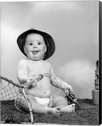 Framed 1960s Baby Girl Wearing Fishing Hat Print