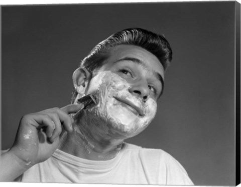 Framed 1950s Young Man Shaving With Safety Razor Print