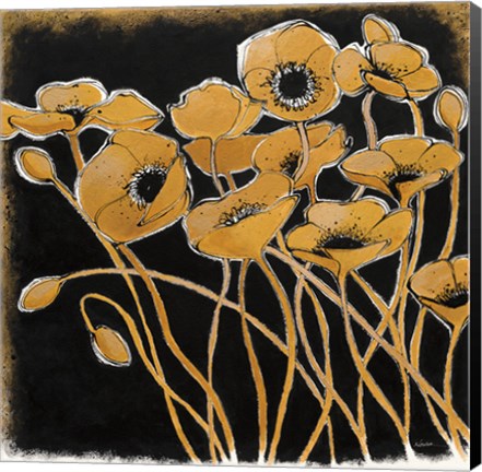 Framed Gold Black Line Poppies I Print