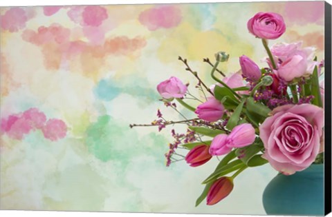 Framed Pink Flowers and Watercolor Painting Print