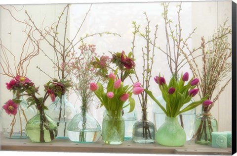 Framed Spring Flowers in Glass Bottles II Print