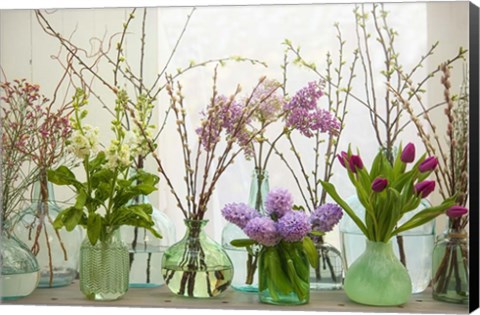 Framed Spring Flowers in Glass Bottles III Print