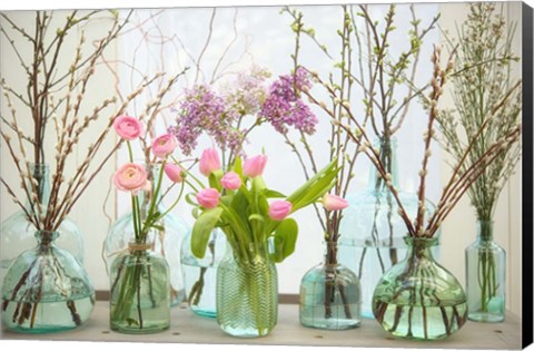Framed Spring Flowers in Glass Bottles VI Print