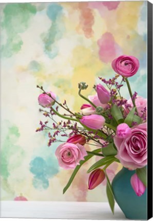 Framed Pink Bouquet in Turqoise Vase Print