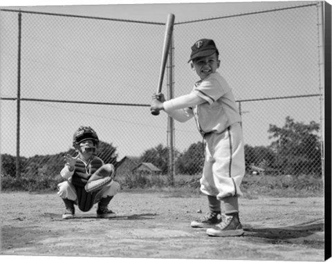 Framed 1960s Two Boys Playing Baseball Print