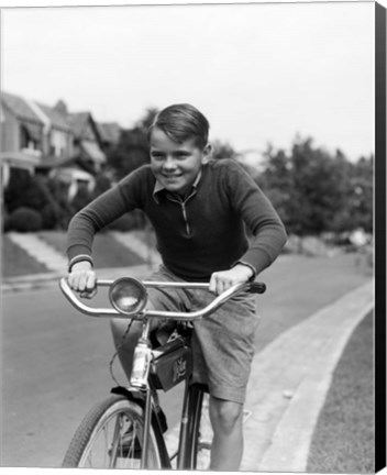 Framed 1930s Smiling Boy Riding Bicycle Print