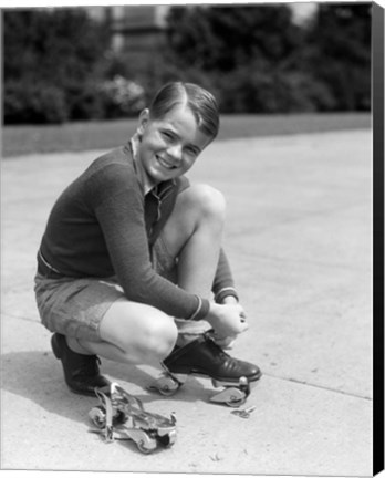 Framed 1930s Smiling Boy Fastening On Metal Roller Skates Print