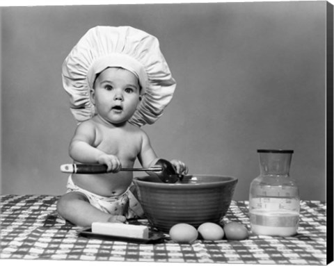 Framed 1960s Baby Seated On Checkered Tablecloth Print