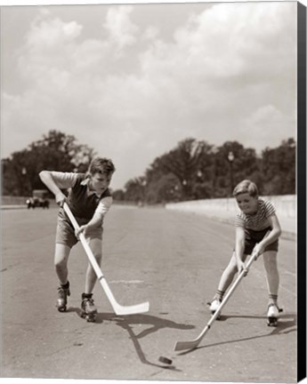 Framed 1930s 1940s 2 Boys With Sticks And Puck Print