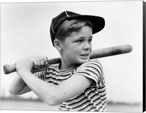 Framed 1930s Boy At Bat Wearing A Horizontal Striped Tee Shirt Print