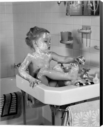 Framed 1940s Girl Sitting In Sink Lathered With Soap Print