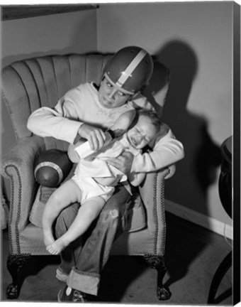 Framed 1950s 1960s Boy Sitting By Football Print