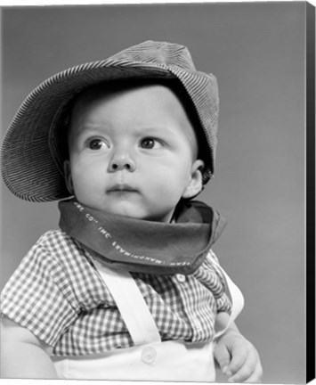 Framed 1950s Baby Head &amp; Shoulders Wearing Railroad Engineer Hat Print