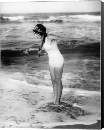 Framed 1920s Woman Wearing Bathing Suit &amp; Head Scarf Print