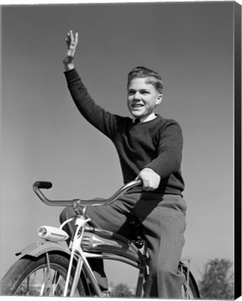 Framed 1940s 1950s Smiling Boy Riding Bike Waving Print