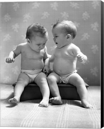 Framed 1930s 1940s Twin Babies Wearing Diapers Together Print