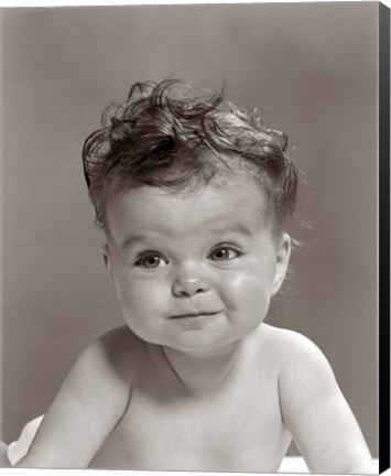 Framed 1950s Portrait Baby With Messy Curly Hair &amp; Straight Face Print