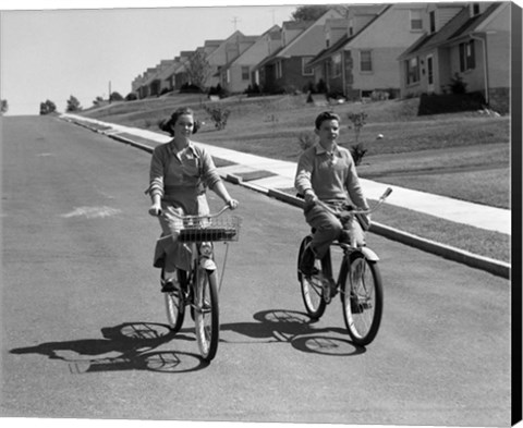 Framed 1950s Teen Boy Girl Couple Riding Bikes Print