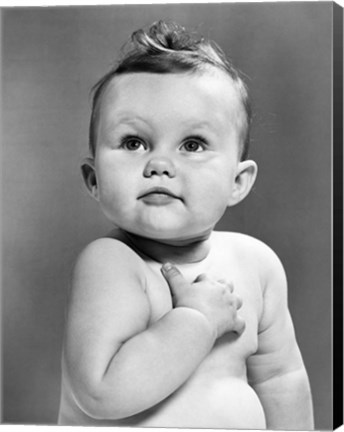 Framed 1950s Baby Looking Up Holding Right Hand Over Heart Print