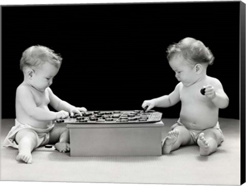 Framed 1930s 1940s Twin Babies Playing Game Of Checkers Print